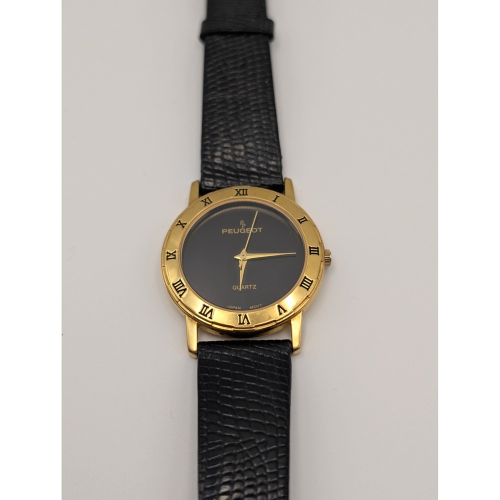 Peugeot Quartz Watch Women OS Black Gold Roman Numeral Bezel Classic